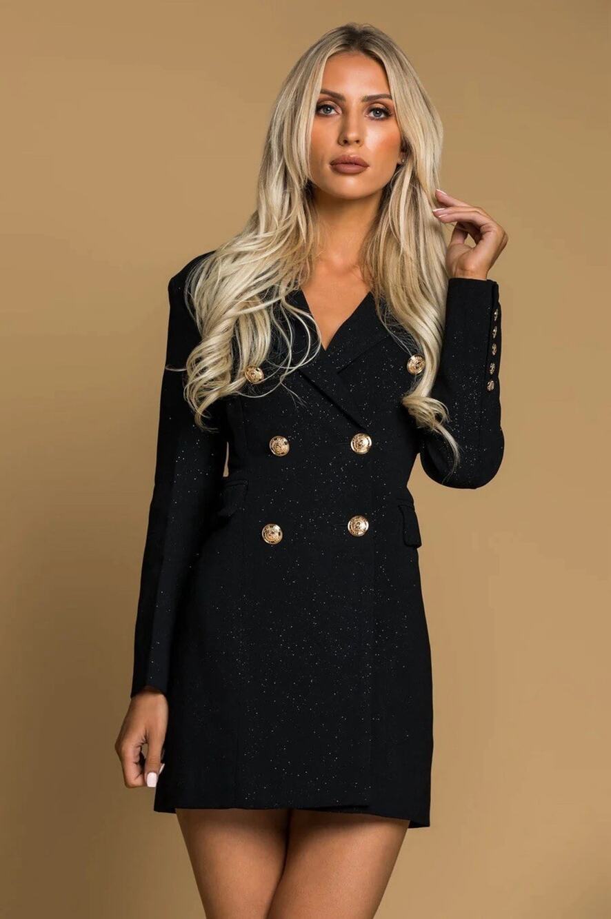 NWOT Beulah Glittery Black Tuxedo Dress Gold Buttons Double Breasted S